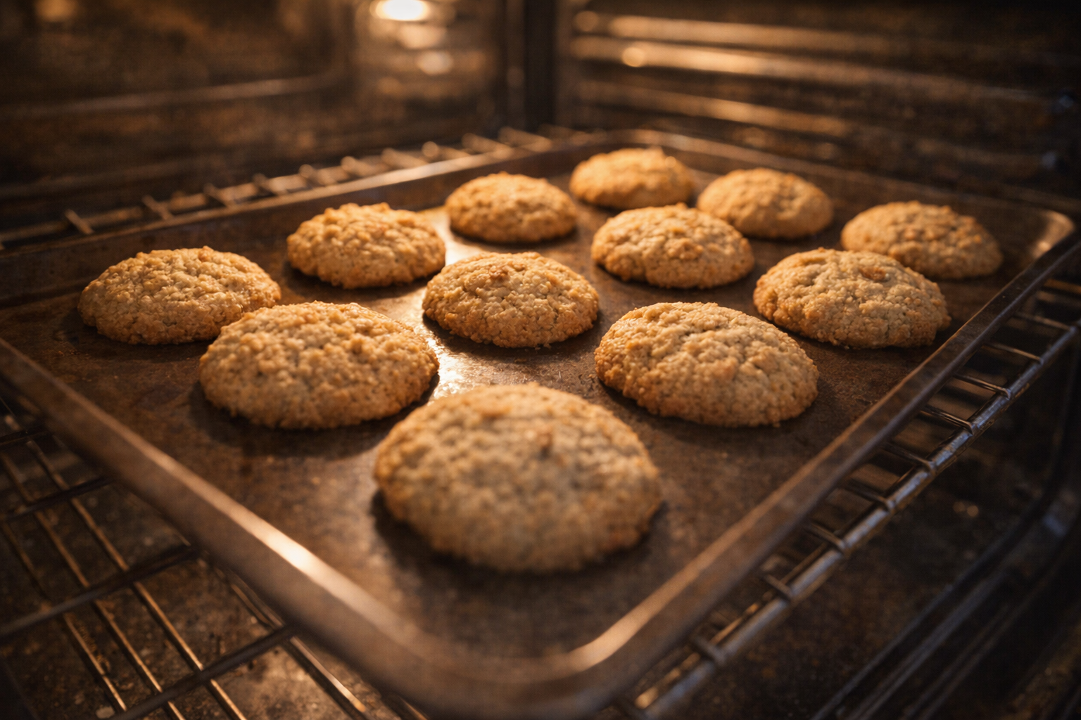 A close-up shot of a baking sheet with golden brown gluten-free almond flour cookies baking in the oven, visible oven rack, warm lighting
